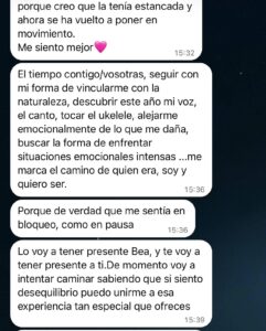 Mensaje de una alumna contando cómo se siente tras el acompañamiento de Bea