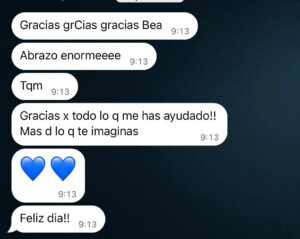 Mensaje de una alumna agradeciendo a Bea su acompañamiento